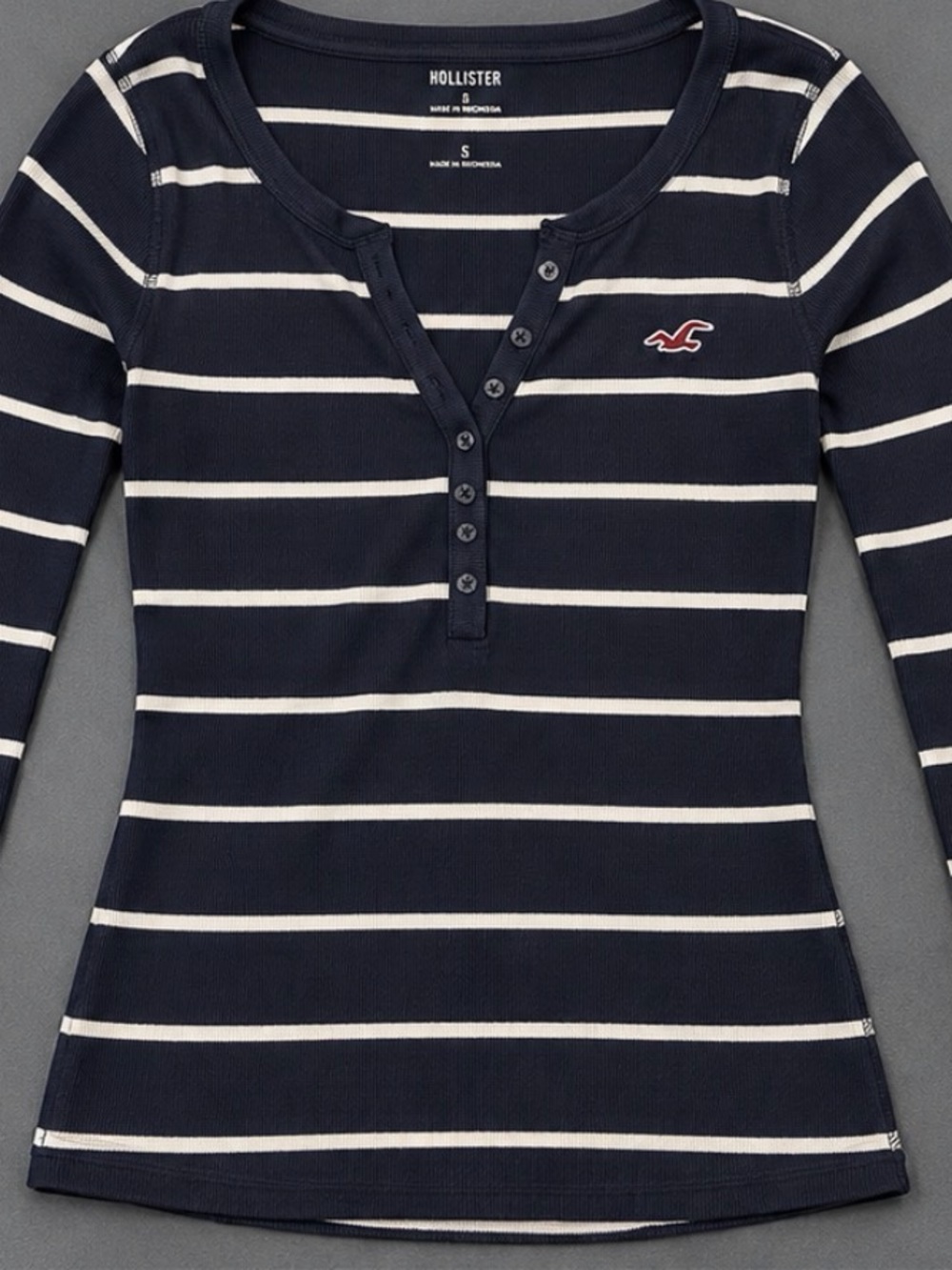 Hollister Navy and White Striped Henley Long Sleeve Top